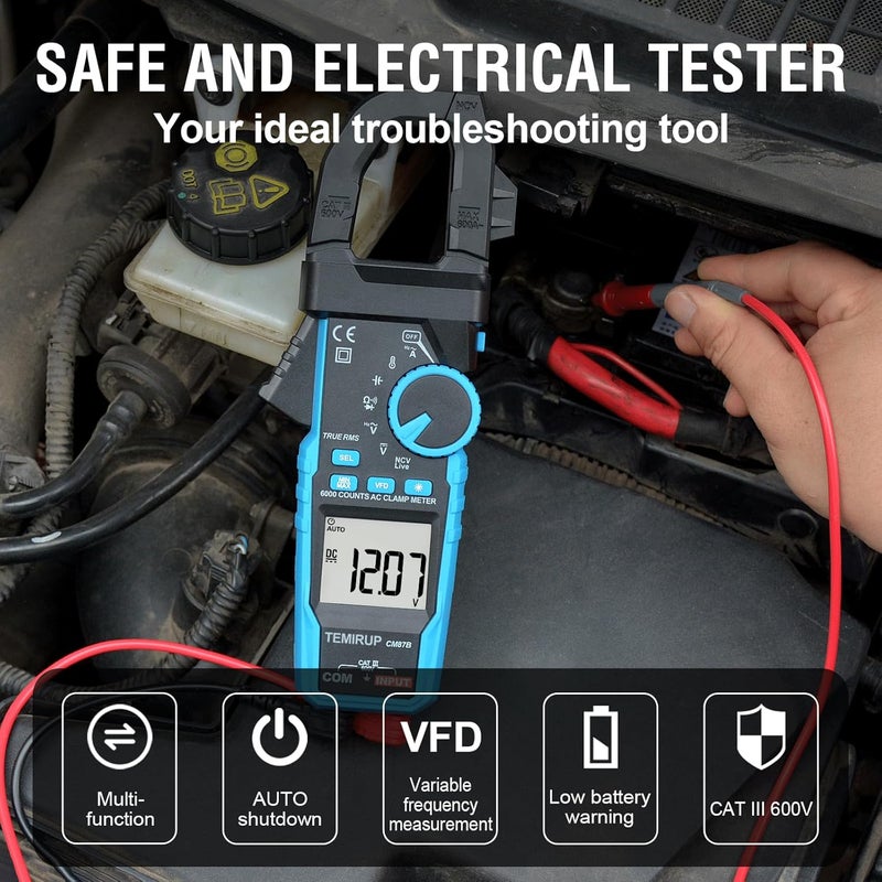 Temirup Digital Clamp Meter Multimeter - Auto-ranging 6000 Counts Amp Voltage Tester with D-Shaped Jaw VFD Mode, Measuring NCV, AC/DC Voltage AC Current Temperature Capacitance Resistance Continuity - Image 2